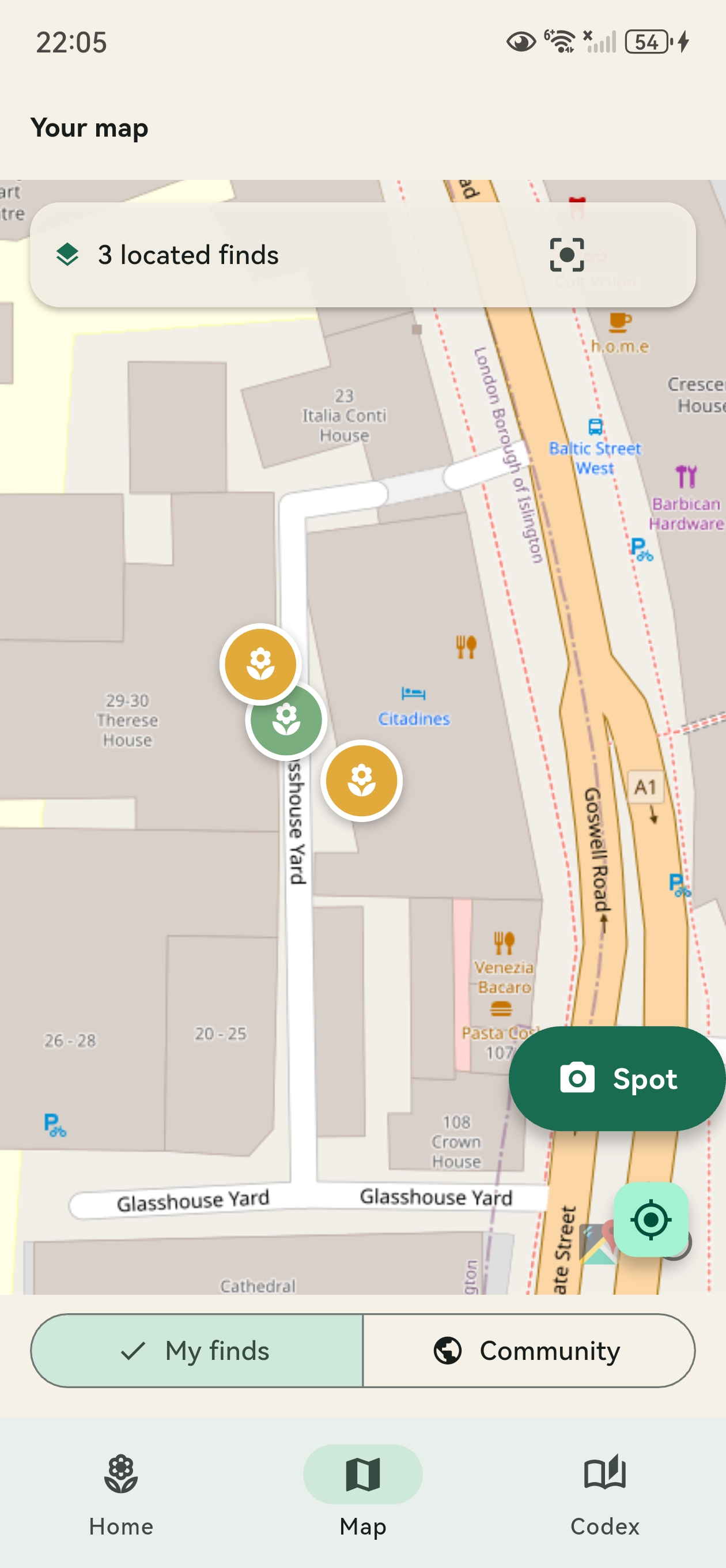 UrbanFlora personal map screen